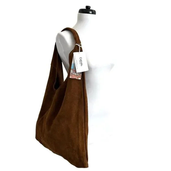 Cheval Italy Suede Leather Hobo Shoulder Bag Brown Oversized Tote Boho Hippie - Picture 4 of 14